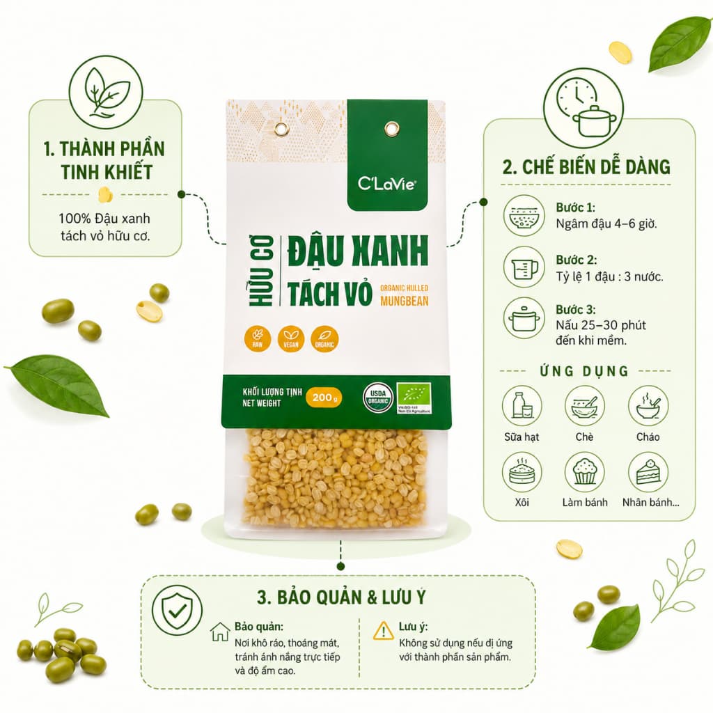 Đậu xanh tách vỏ hữu cơ C'LaVie 200g (Gói)