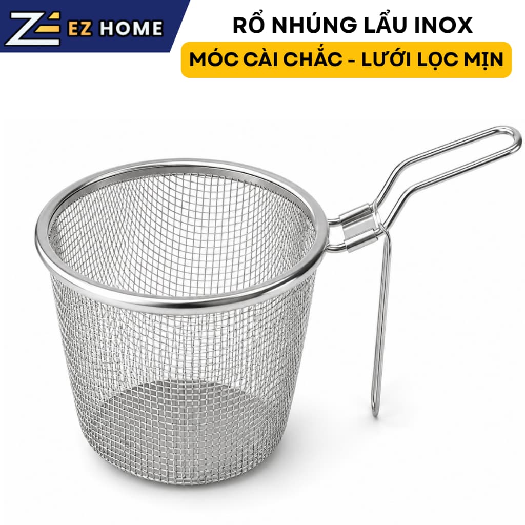 Rổ Nhúng Lẩu Inox 304 Có Móc Cài 11x9.5cm Giỏ Nhúng Lẩu Vớt Mì Thịt Rau Hải Sản