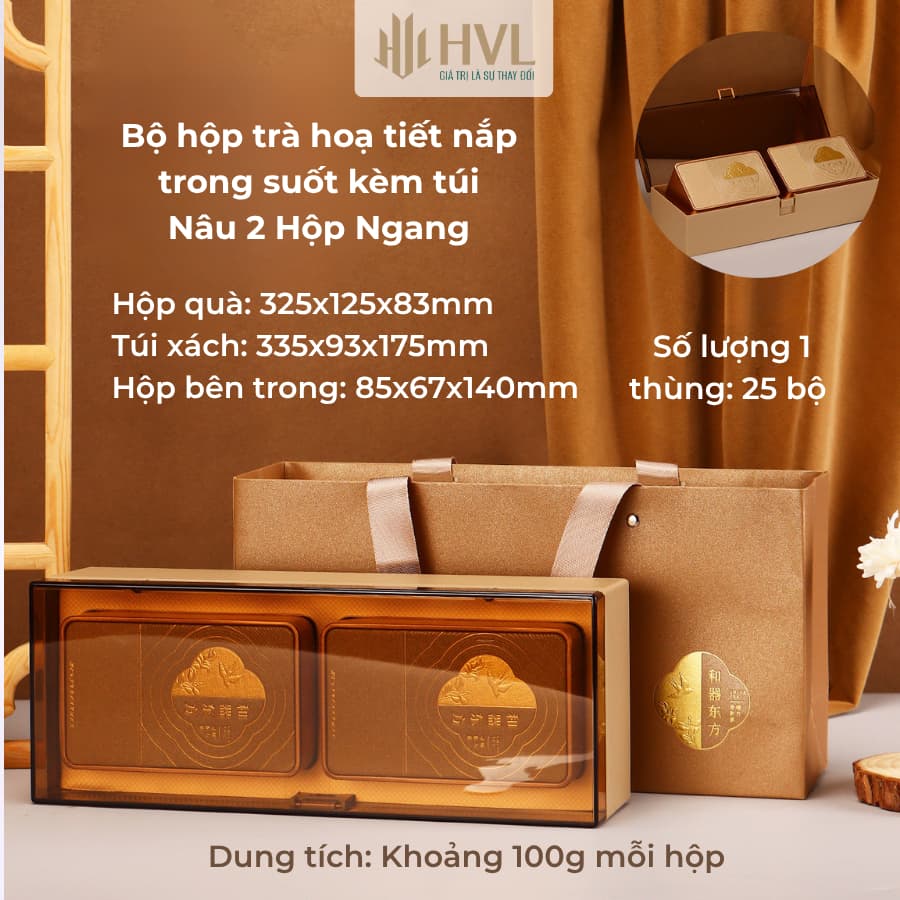 Bộ hộp trà hoạ tiết nắp trong suốt kèm túi cao cấp - HVL