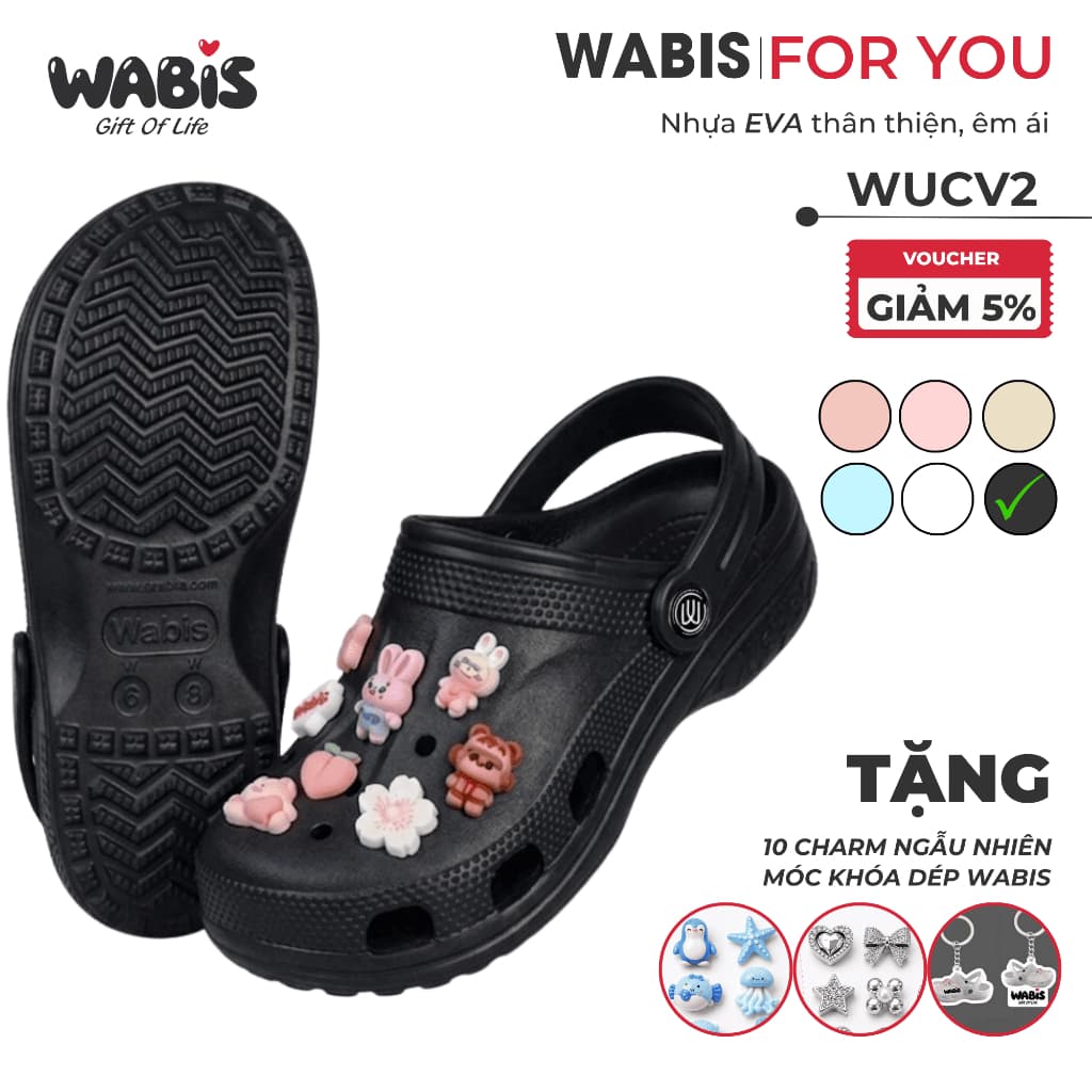 [Tặng Charm + Móc Khóa Chính Hãng] Dép Sục Màu Đen WABIS Đế Cao 3cm Không Thấm Nước, Chống Trượt [WUC-V2][LÙI 1 SIZE]
