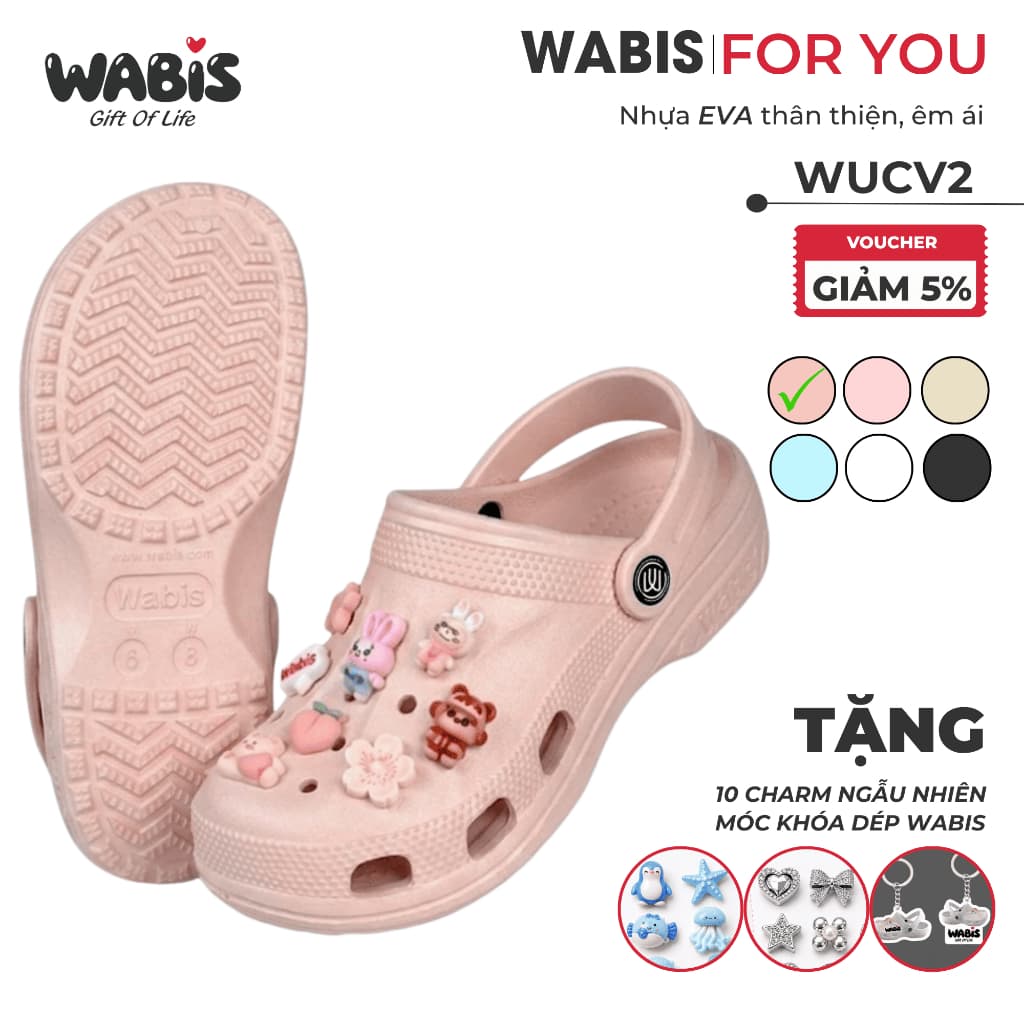[Tặng Charm+Móc Khóa Chính Hãng]Dép Sục Màu Hồng WABIS Đế Cao 3cm Không Thấm Nước, Chống Trượt[WUC-V2] [LÙI 1 SIZE]