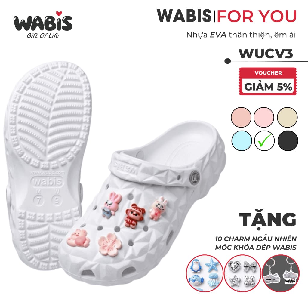 [Tặng Charm + Móc Khóa Chính Hãng] Dép Sục Màu Trắng Kim Cương WABIS Đế 3cm Không Thấm Nước, Chống Trượt [WUC-V3]