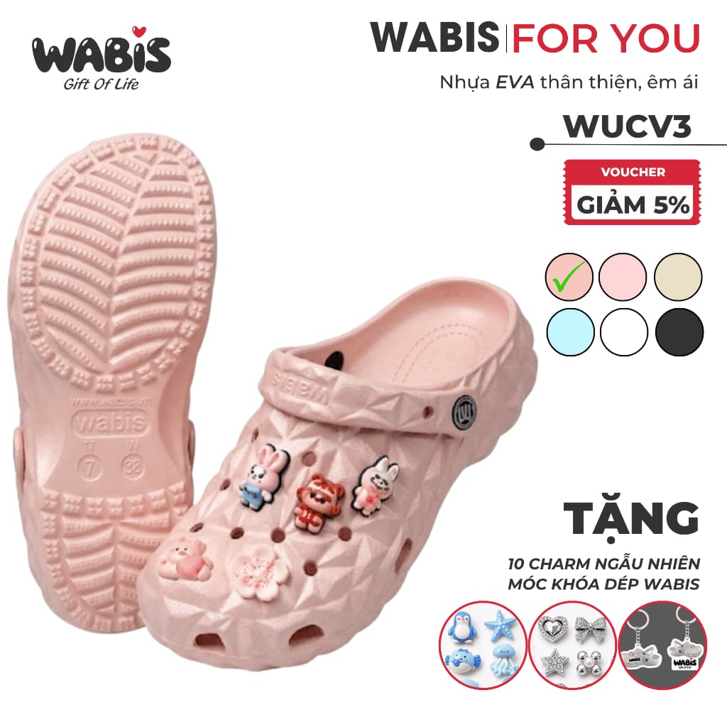 [Tặng Charm + Móc Khóa Chính Hãng] Dép Sục Màu Hồng WABIS Kim Cương Đế 3cm Không Thấm Nước, Chống Trượt [WUC-V3]