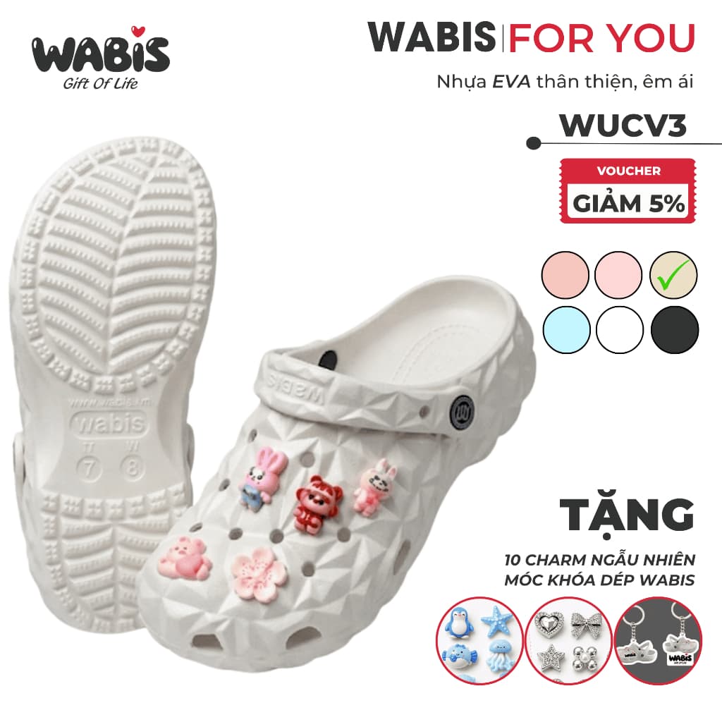 [Tặng Charm + Móc Khóa Chính Hãng] Dép Sục Màu Kem WABIS Kim Cương Đế 3cm Không Thấm Nước, Chống Trượt [WUC-V3]