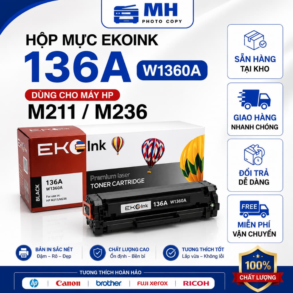 HỘP MỰC EKOINK 136A W1360A CHO HP LASERJET M211 M236 – IN ĐẬM NÉT, CÓ LỖ NẠP MỰC