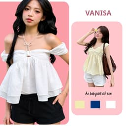 Áo Babydoll Nữ Trễ Vai Phối Nơ Ngực Tay Bồng Dáng Xòe Tiểu Thư Trắng Vàng Be Xanh Than Đen VANISA SMEMXINH 1