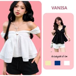 Áo Babydoll Nữ Cổ Trễ Vai Cột Nơ Ngực Tay Phồng Dáng suông Trắng Vàng Be Xanh Than Đen VANISA SMEMXINH 1
