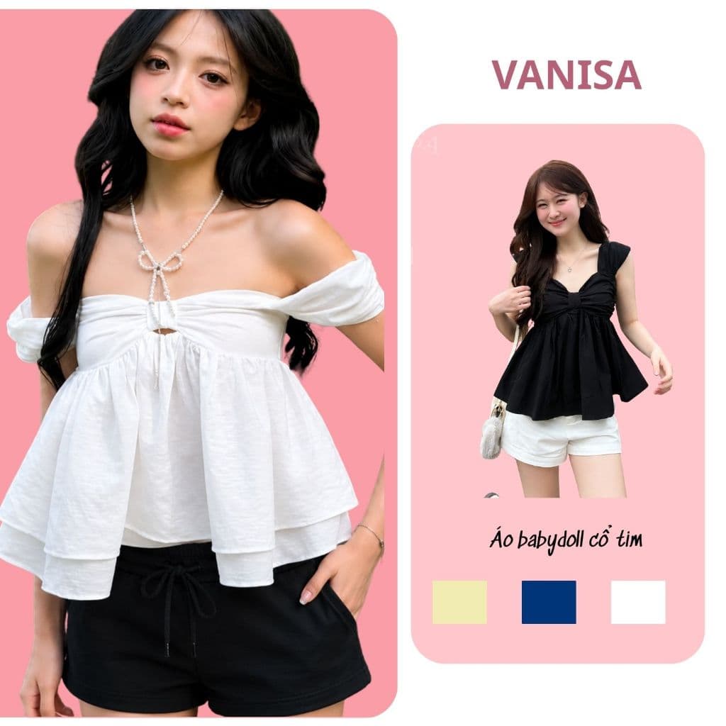 Áo Babydoll Nữ Cổ Trễ Vai Cột Nơ Ngực Tay Phồng Dáng suông Trắng Vàng Be Xanh Than Đen VANISA SMEMXINH
