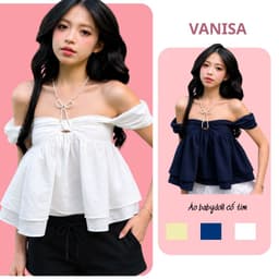 Áo Babydoll Trễ Vai Nữ Thiết Kế Nơ Ngực Form Rộng Che Bụng Trắng Vàng Be Xanh Than Đen VANISA SMEMXINH 1
