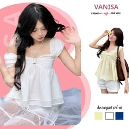 Áo Kiểu Babydoll Nữ Trễ Vai Nơ Ngực Bánh Bèo Form Suông Tiểu Thư Trắng kem Xanh Than Đen VANISA SMEMXINH 1