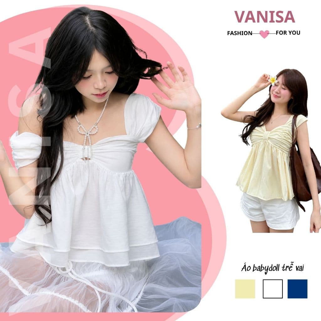 Áo Kiểu Babydoll Nữ Trễ Vai Nơ Ngực Bánh Bèo Form Suông Tiểu Thư Trắng kem Xanh Than Đen VANISA SMEMXINH