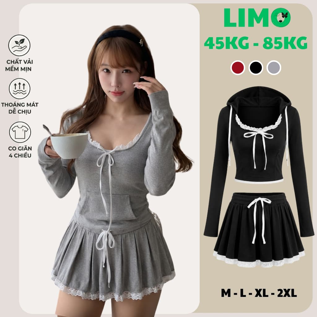 (Có quần trong) Set Váy Xếp Ly Kèm Áo Tay Dài Phối Nón Cột Nơ Bigsize Limo MS295 Set Váy Gân Tăm