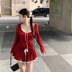 (Có quần trong) Set Váy Xếp Ly Kèm Áo Tay Dài Phối Nón Cột Nơ Bigsize Limo MS295 Set Váy Gân Tăm 2