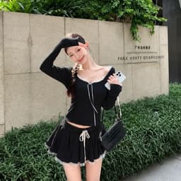(Có quần trong) Set Váy Xếp Ly Kèm Áo Tay Dài Phối Nón Cột Nơ Bigsize Limo MS295 Set Váy Gân Tăm 4