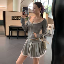 (Có quần trong) Set Váy Xếp Ly Kèm Áo Tay Dài Phối Nón Cột Nơ Bigsize Limo MS295 Set Váy Gân Tăm 6