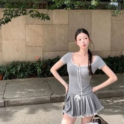(Có quần trong) Set Váy Xếp Ly Kèm Áo Tay Dài Phối Nón Cột Nơ Bigsize Limo MS295 Set Váy Gân Tăm 7