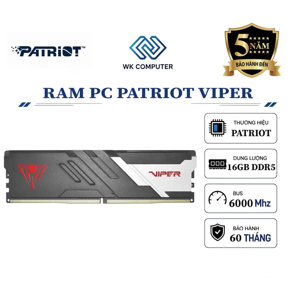 (FULL VAT) RAM PC Patriot Viper Venom DDR5 16GB | 6000MHz, CL30 (Không LED / Non-RGB) - Hàng Chính Hãng (BH 60T)