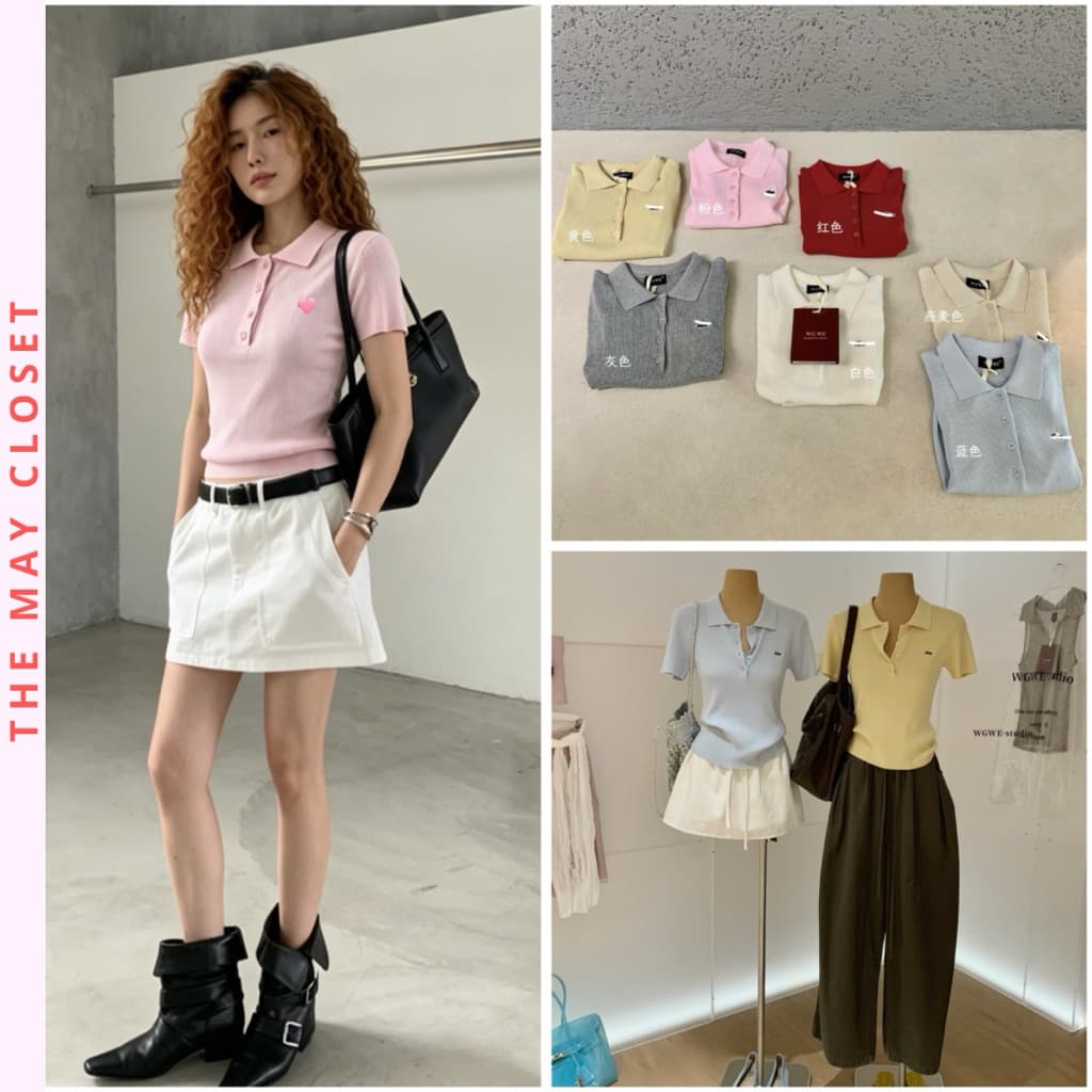 𝑨𝒏𝒏 𝑺𝒕𝒖𝒅𝒊𝒐  𝐖𝐆𝐖𝐄/ Áo Len Mongtoghi Cổ Polo Thêu Cá Sấu 10323, Áo Len Tăm Nữ Cổ Bẻ Tay Ngắn Ôm Dáng Hàn Quốc