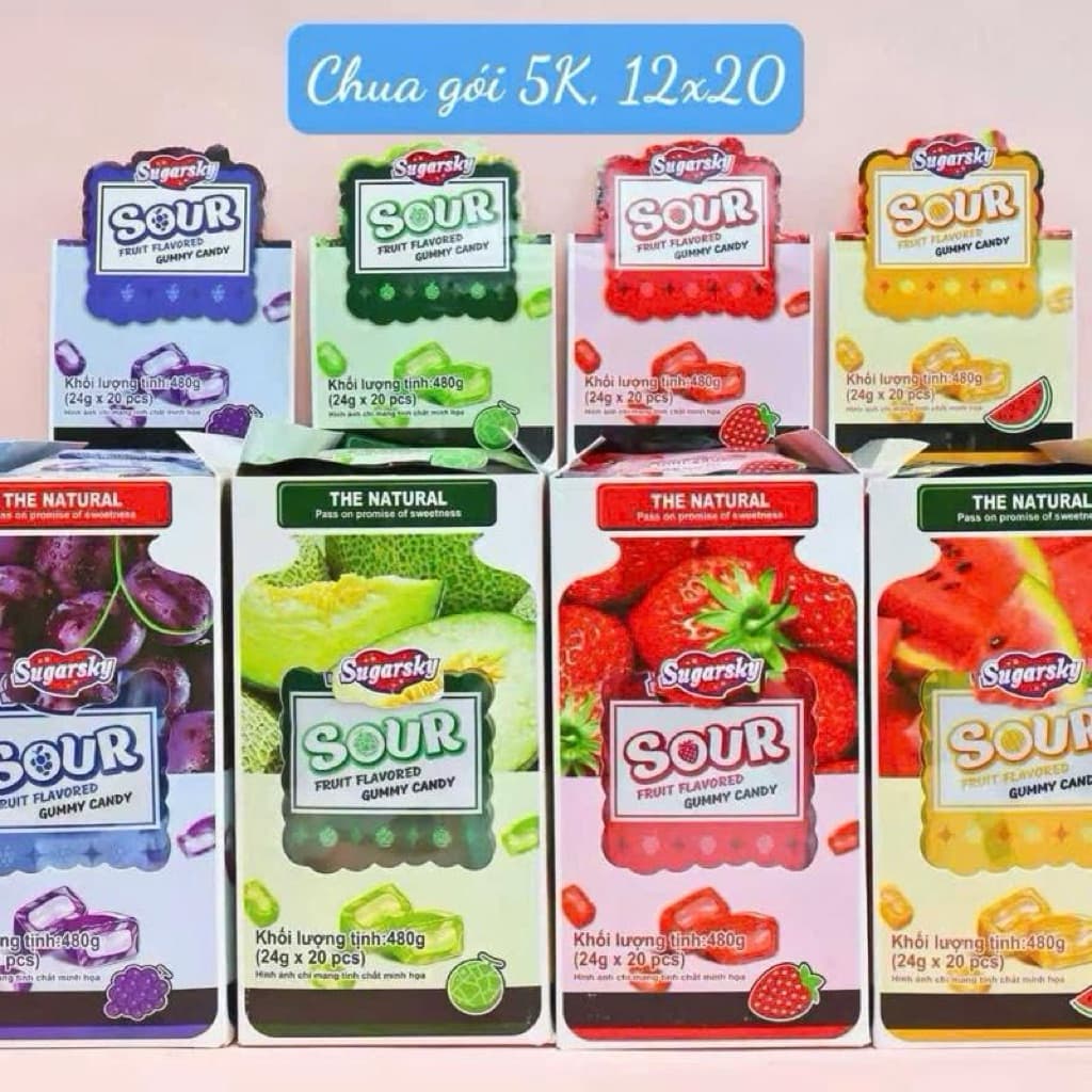 Hộp 20 gói kẹo dẻo chua Sour Fruit Gummy Candy vị hoa quả hàng 5k