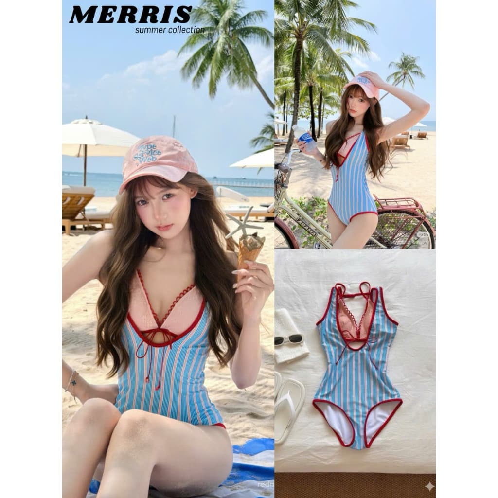 (Ảnh thật ở mô tả - Hàng sẵn) Merris | BKN034 - Bộ bơi hai mảnh, ba mảnh bikini kẻ sọc + bra ren hottrend Hàn Quốc