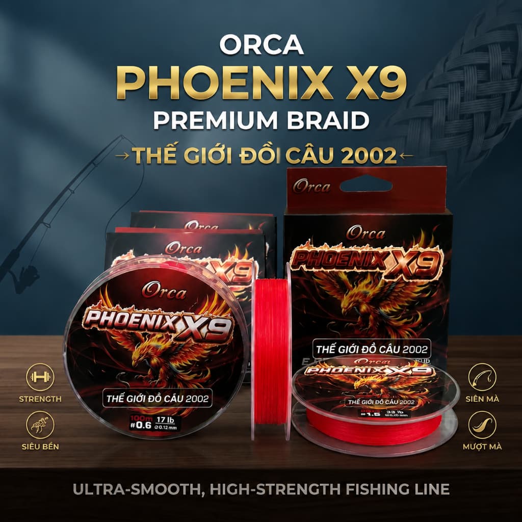 HOT HOT  --- Dòng Dây PE ORCA Phoenix X9 - ( Phượng Hoàng Lửa )  Dây được hình thành từ chất liệu 100% UHMW Polyethylene