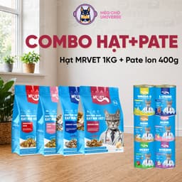 Combo hạt MRVET 1KG + 6lon pate 400g hỗ trợ phát triển toàn diện cho mèo mọi lứa tuổi-Méo Chò Uni 1