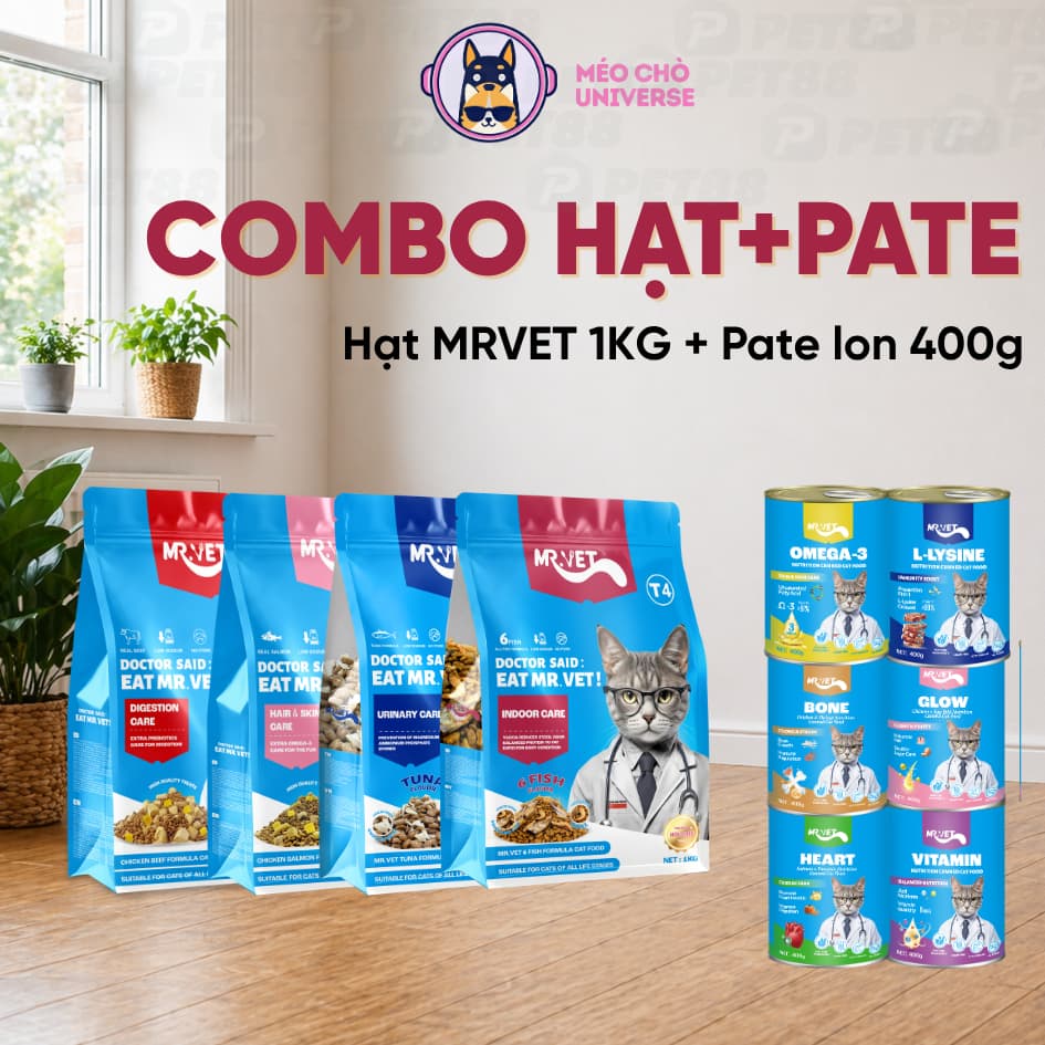 Combo hạt MRVET 1KG + 6lon pate 400g hỗ trợ phát triển toàn diện cho mèo mọi lứa tuổi-Méo Chò Uni