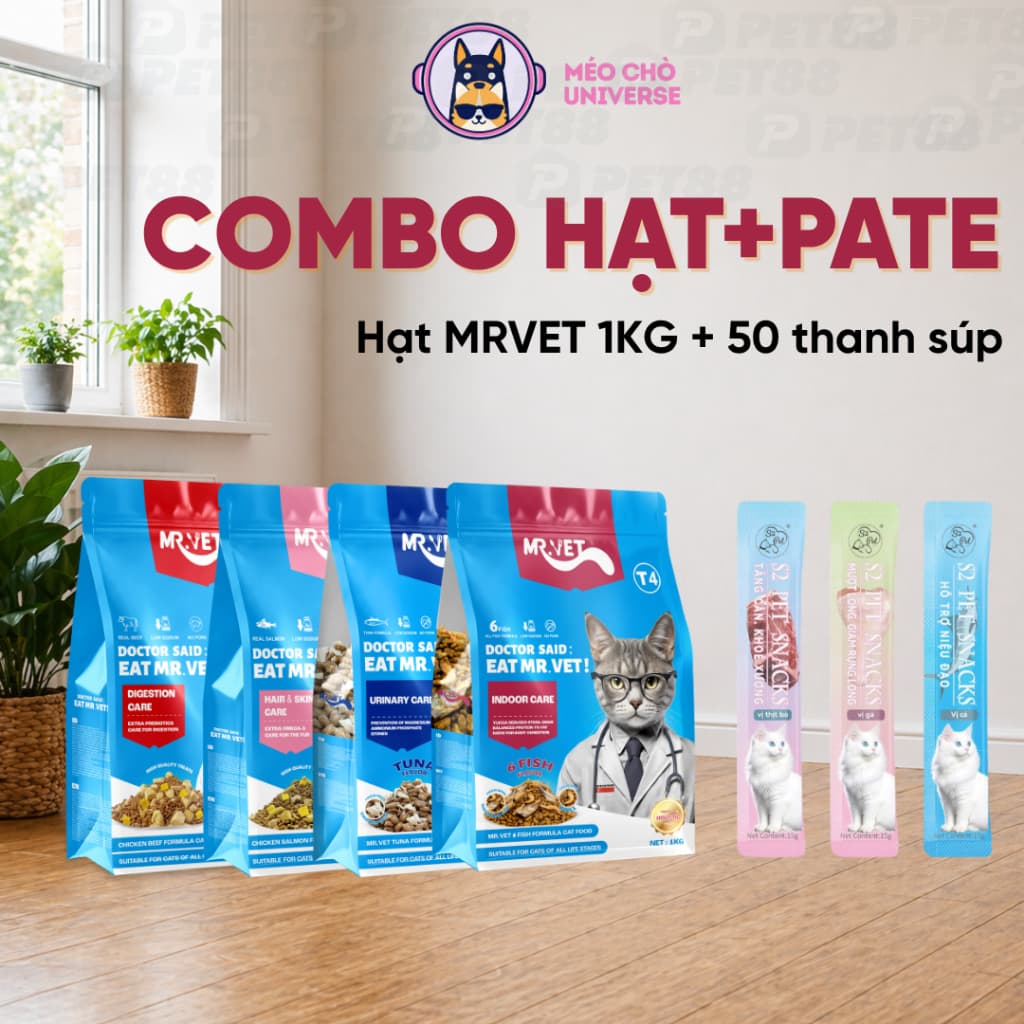 Combo hạt 1KG MRVET+50 thanh súp S2PET dinh dưỡng cao ngon miệng cho mèo mọi lứa tuổi-Méo Chò Unu
