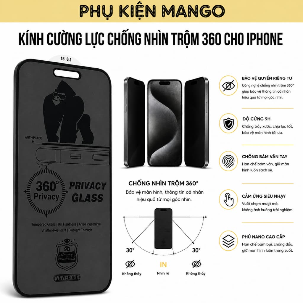 Kính Cường Lực Chống Nhìn Trộm 360 Dành Cho Iphone 17 Pro Max 16 15 14 13 12 11 ProMax Xs Max