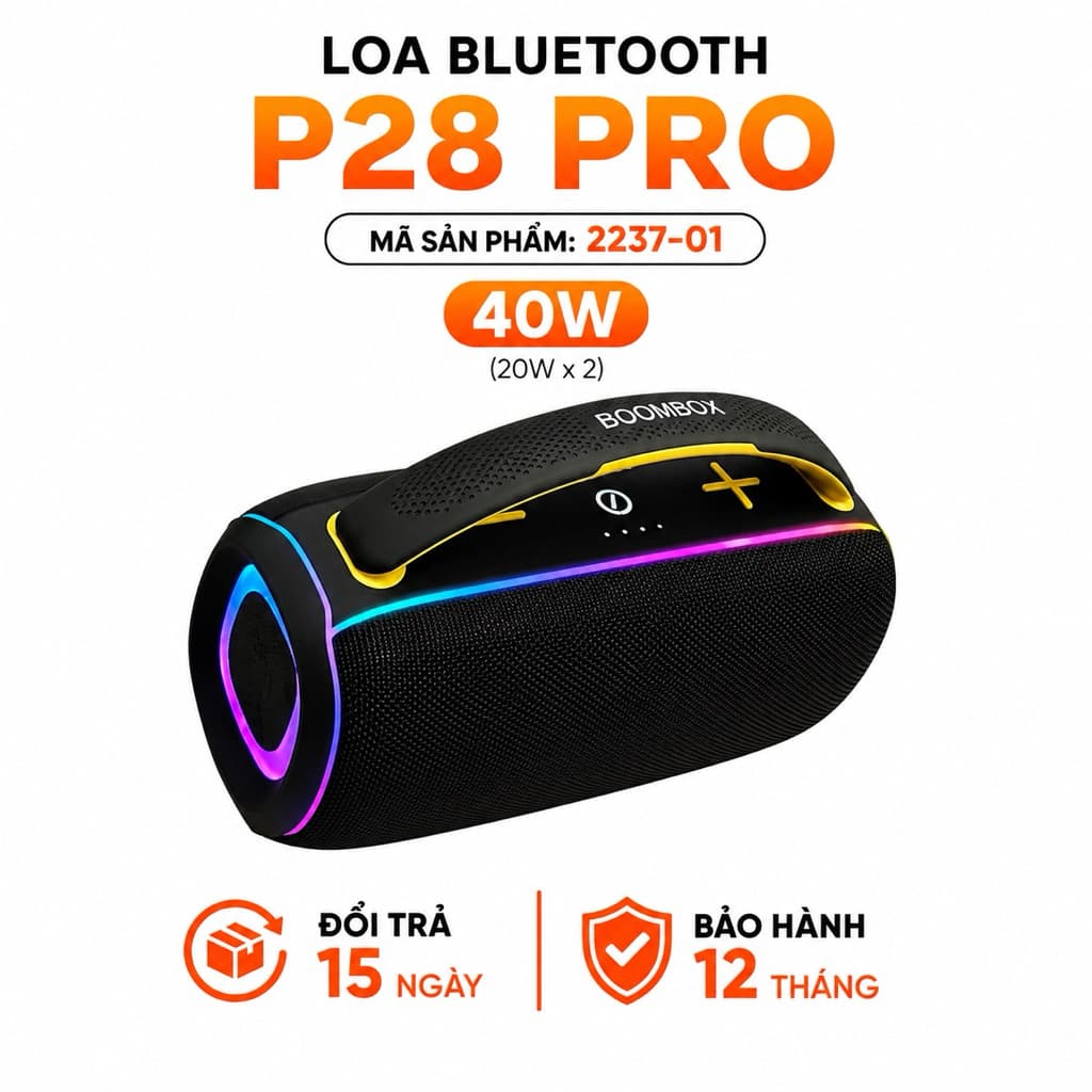 Loa Bluetooth P28 PRO 40W Chống Nước IPX6 - Pin 4400mAh - Bluetooth 5.3 - Hỗ Trợ USB/TF/FM/AUX/TWS - Loa Di Động
