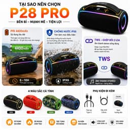 Loa Bluetooth P28 PRO 40W Chống Nước IPX6 - Pin 4400mAh - Bluetooth 5.3 - Hỗ Trợ USB/TF/FM/AUX/TWS - Loa Di Động 7
