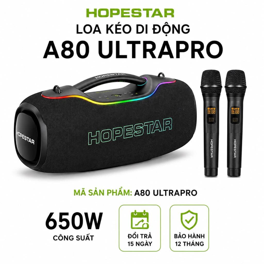 Loa Karaoke Bluetooth Hopestar A80 Ultra Pro 650W PMPO Kèm 2 Micro Không Dây, Bluetooth 5.4, Pin 40000mAh, Chống Nước