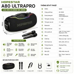 Loa Karaoke Bluetooth Hopestar A80 Ultra Pro 650W PMPO Kèm 2 Micro Không Dây, Bluetooth 5.4, Pin 40000mAh, Chống Nước 4