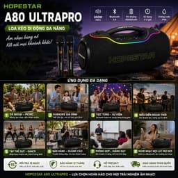 Loa Karaoke Bluetooth Hopestar A80 Ultra Pro 650W PMPO Kèm 2 Micro Không Dây, Bluetooth 5.4, Pin 40000mAh, Chống Nước 8