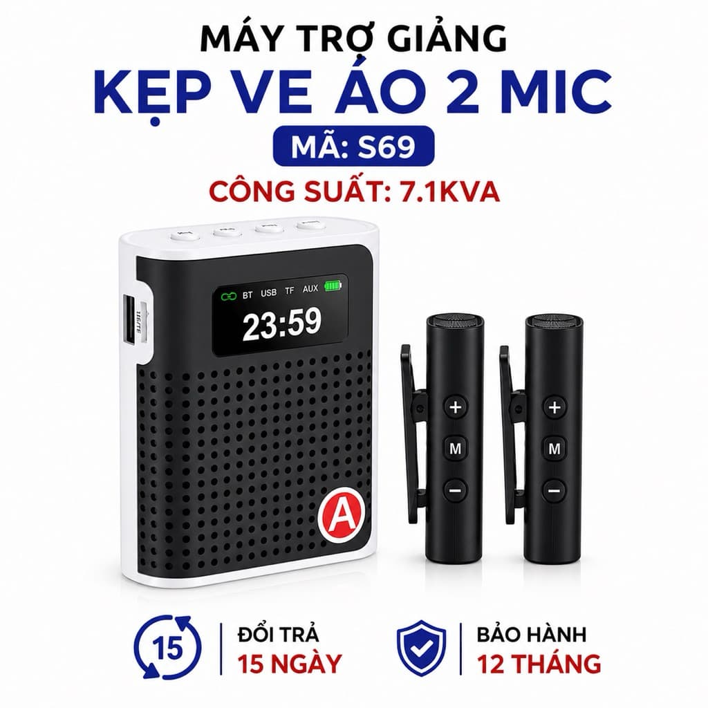 Máy Trợ Giảng Kẹp Ve Áo 2 Micro Không Dây S69 Bluetooth 5.2 Loa Trợ Giảng Mini DSP Chống Hú Pin 2000mAh