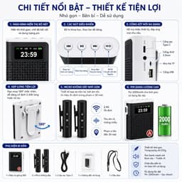 Máy Trợ Giảng Kẹp Ve Áo 2 Micro Không Dây S69 Bluetooth 5.2 Loa Trợ Giảng Mini DSP Chống Hú Pin 2000mAh 7