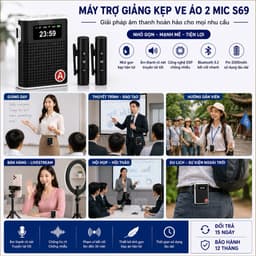 Máy Trợ Giảng Kẹp Ve Áo 2 Micro Không Dây S69 Bluetooth 5.2 Loa Trợ Giảng Mini DSP Chống Hú Pin 2000mAh 8