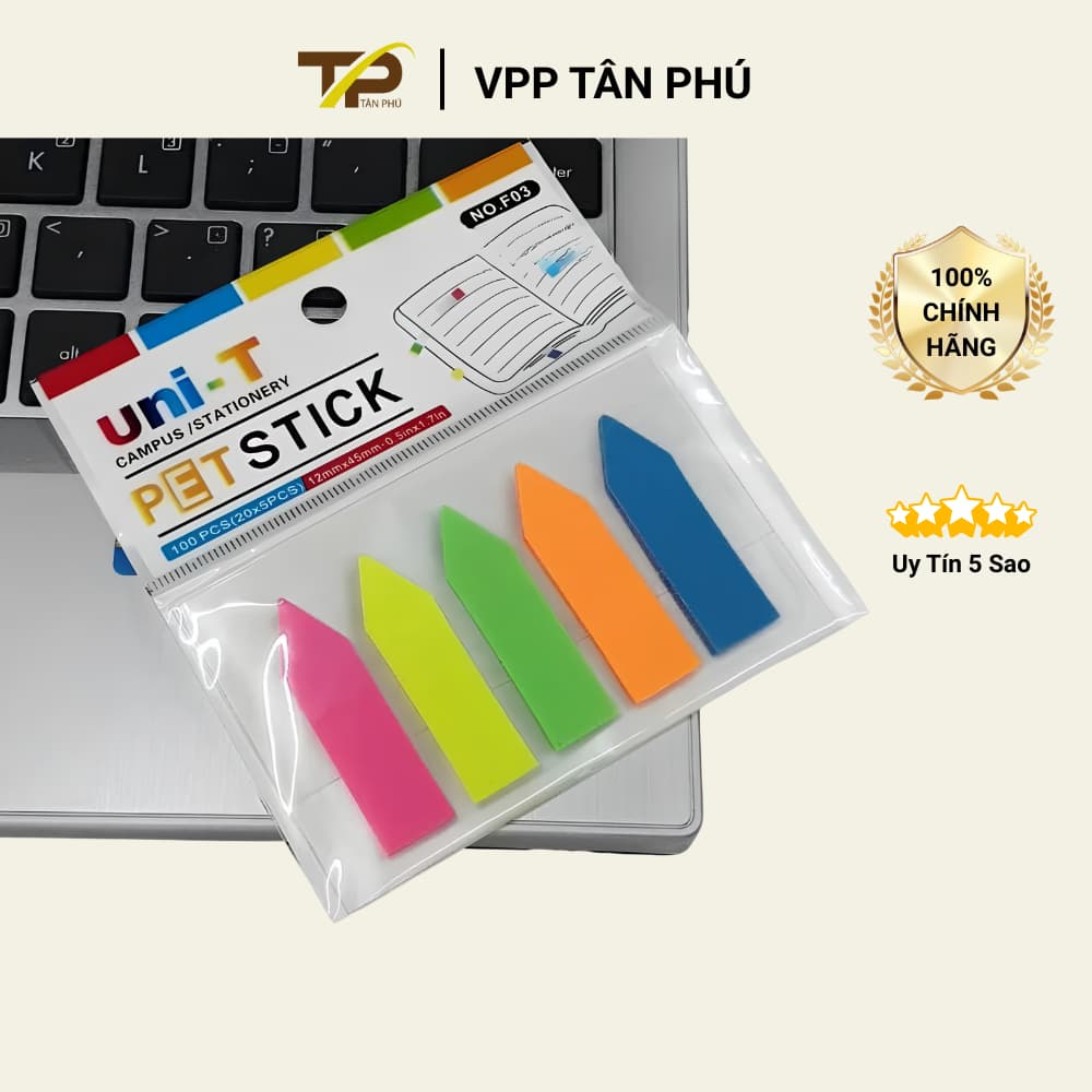 Giấy phân trang nhựa 5 màu UniT F03 - Đánh dấu trang, note trình ký nilon 5 màu