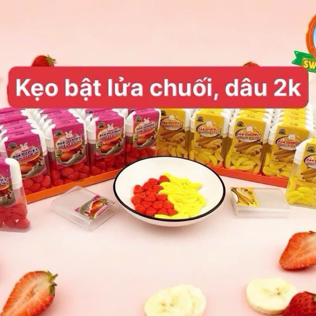 Khay 30 hũ kẹo hình cái bât lửa vị Dâu, Chuối siêu ngon hấp dẫn giá tốt