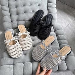 Sục da đan lưới phối nơ tiểu thư, đế cao su cao 2cm dễ phối đồ Mã 0725 5
