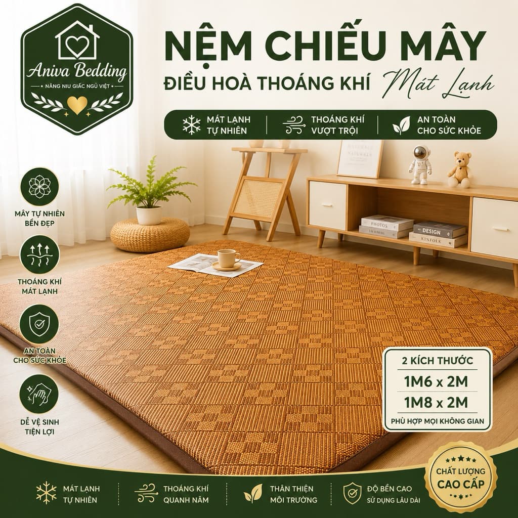 Nệm Chiếu Mây Điều Hòa Aniva Bedding Cao Cấp - Mát Lạnh Thoáng Khí, Chống Trơn Trượt, 1m6x2m 1m8x2m