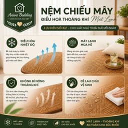 Nệm Chiếu Mây Điều Hòa Aniva Bedding Cao Cấp - Mát Lạnh Thoáng Khí, Chống Trơn Trượt, 1m6x2m 1m8x2m 3