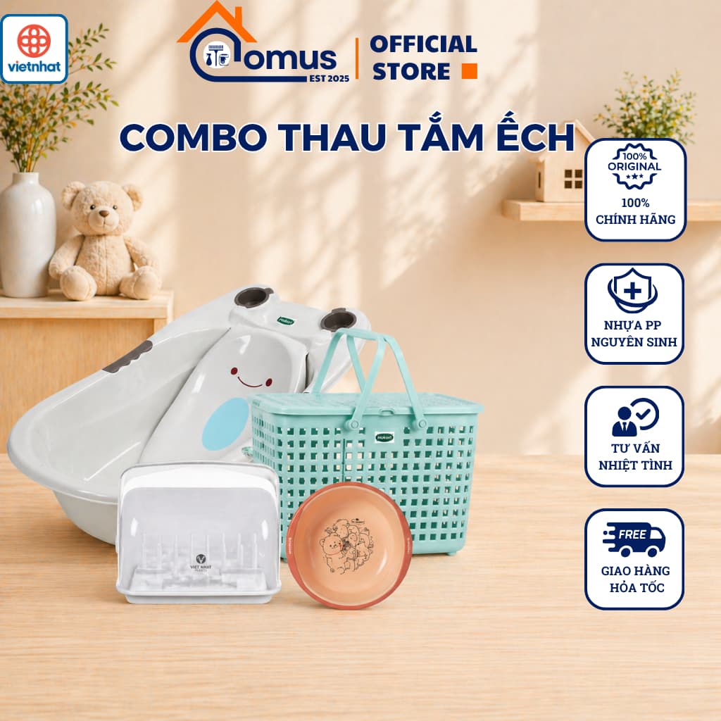 Chậu Tắm Cho Bé Việt Nhật 2203 Hình Ếch, Combo Chậu Tắm Nhựa Bền Đẹp An Toàn - DOMUS