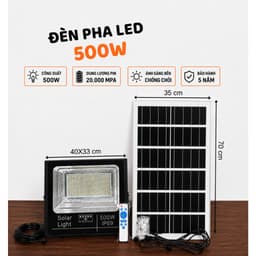 Đèn PHA LED 500W-Năng Lượng Mặt Trời Nhôm Đúc 831 CHIP LED 5730 Chiếu Sáng 12-14 tiếng Kháng Nước IP69. Bảo Hành 5 Năm 2