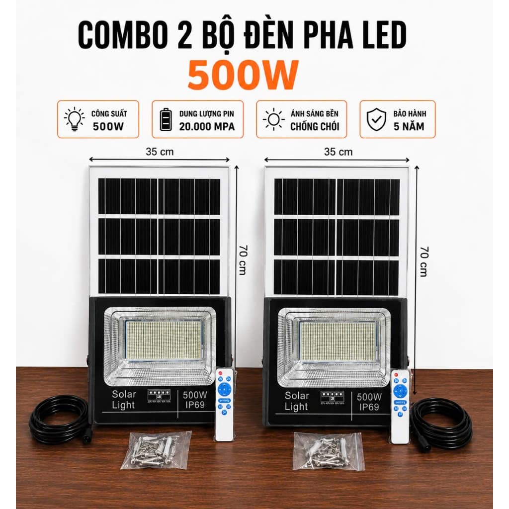 (COMBO 2 BỘ) Đèn PHA LED 500W-Năng Lượng Mặt Trời Nhôm Đúc 831 CHIP LED 5730 Chiếu Sáng 12-14 tiếng Kháng Nước IP69.