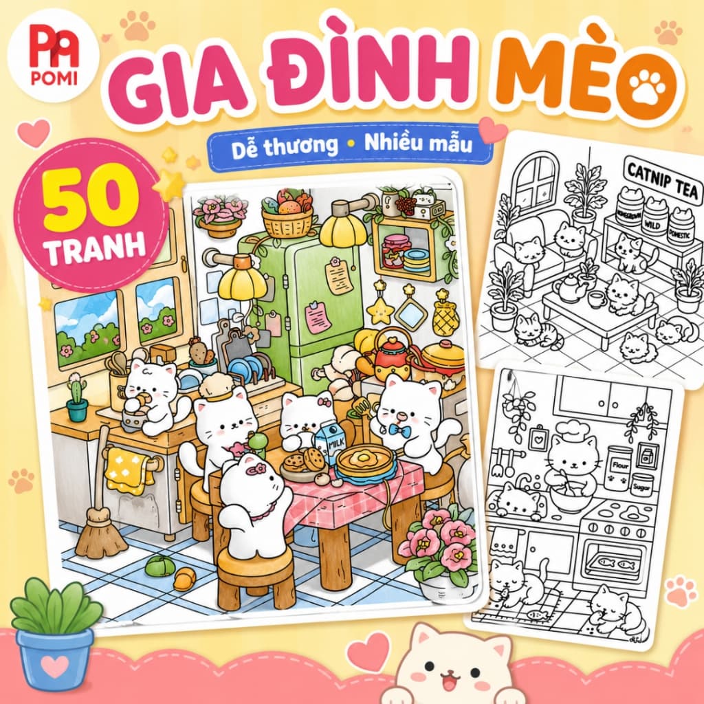 Bộ 50 Tranh Tô Màu Gia Đình Mèo Cute - Mèo Dễ Thương Cho Bé Mầm Non Phát Triển Sáng Tạo - Đồ Chơi POMI