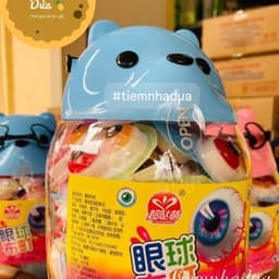Lọ 50c thạch hình mắt đôi hộp hình con gấu đeo kính siêu yêu cho bé, thạch lọ gấu hình mắt siêu ngon 3