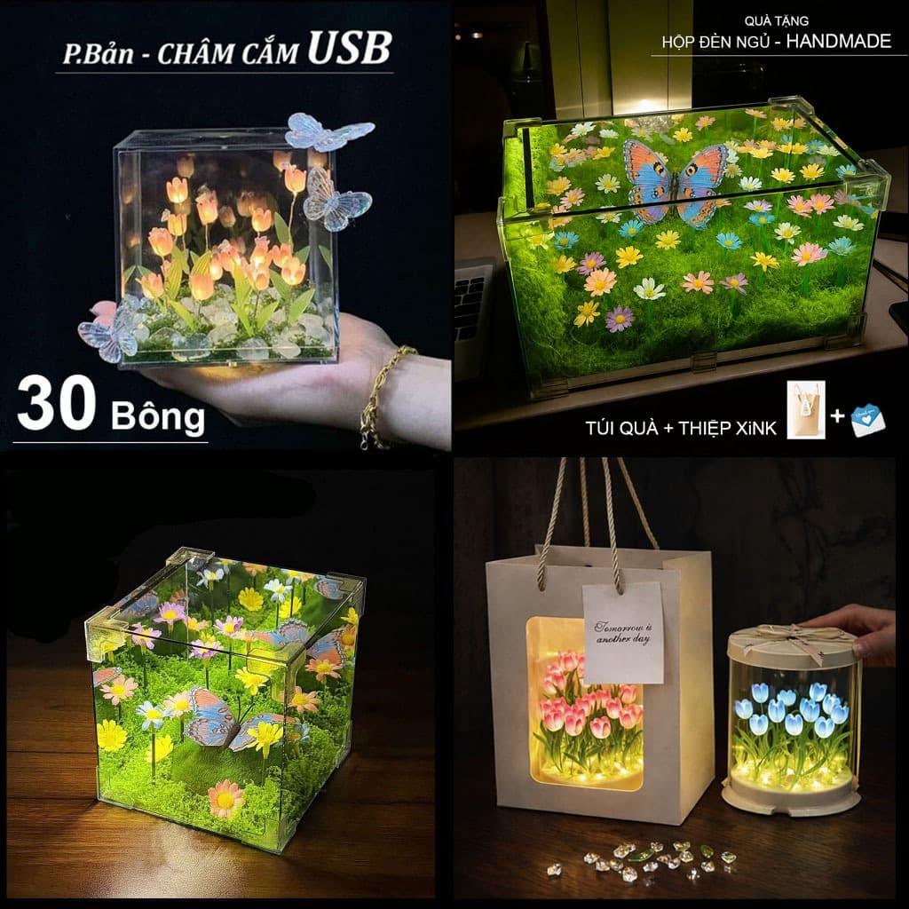 🔥(TÚI + THIỆP) Hộp đèn ngủ hoa TULIP HÌNH VUÔNG tặng người yêu 20/10 , Hoa Tulip 12cm TẶNG sinh nhật, Đèn HANDmade