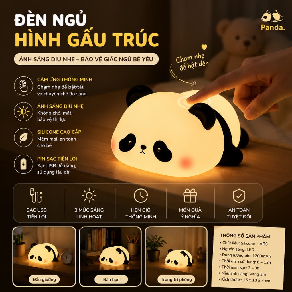 Đèn Ngủ Hình Gấu Trúc Silicon cảm ứng– Đèn Ngủ Cho Bé Gái, Ánh Sáng Dịu Nhẹ, pin con thỏ, Hẹn Giờ Thông Minh