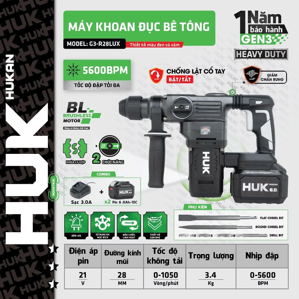 Máy Khoan Đục Bê Tông HUKAN HUK G3-R28LUX, Có Chống Lật Cổ Tay, Lực Đập Khủng, Giảm Rung Chấn